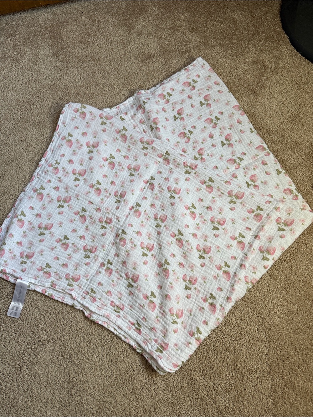 Kyle & Deena Off White Muslin Cotton Baby Swaddle Blanket With Pink Strawberries